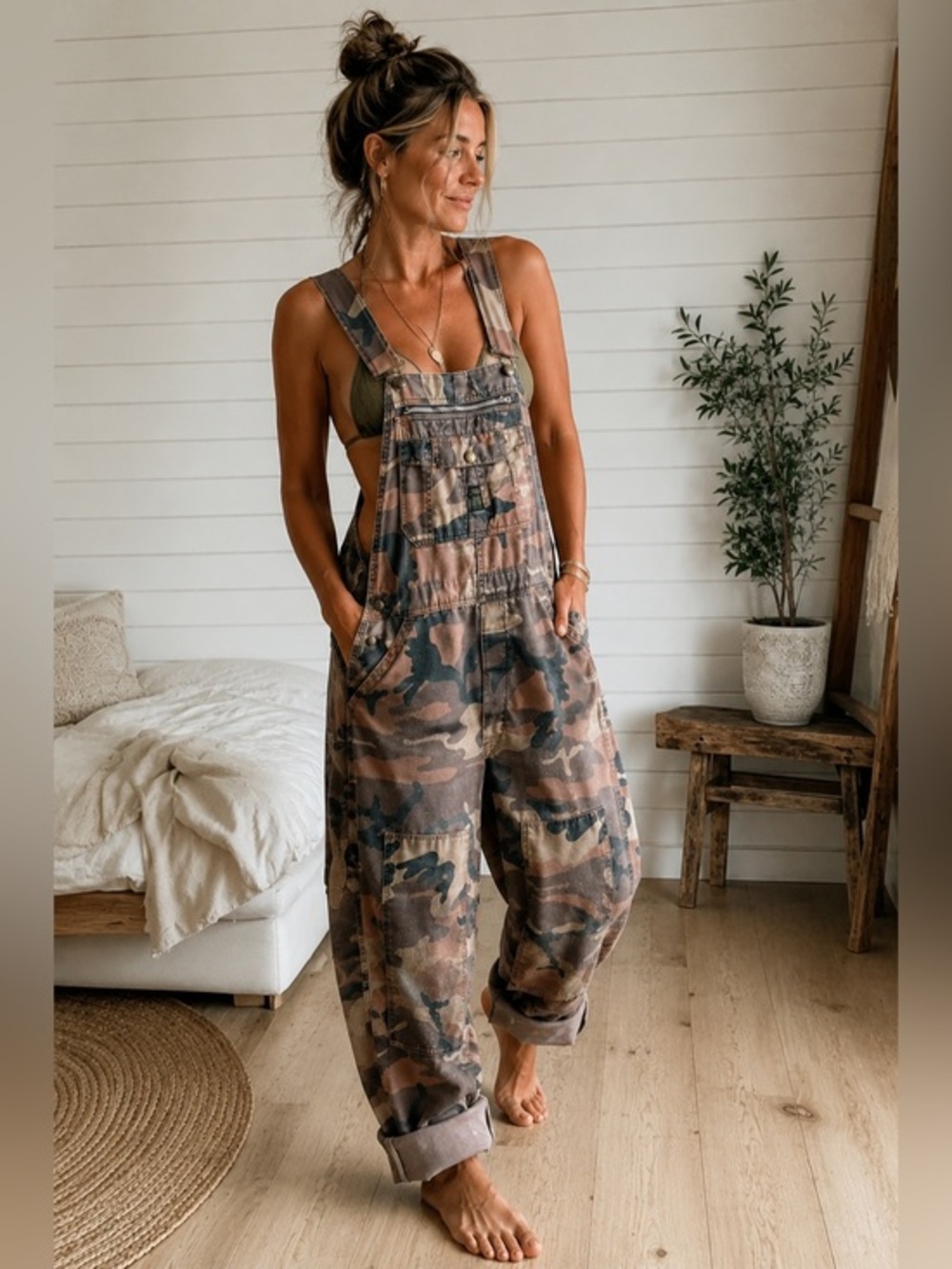 Vintage Liberty Camo Bib Overalls Brown Utility USA fits: Woman Size M-XL